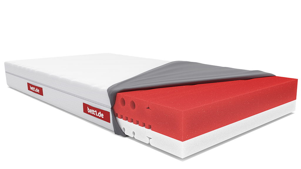 Matelas souple BODYGUARD®. Housse ouverte et noyau rouge et blanc.