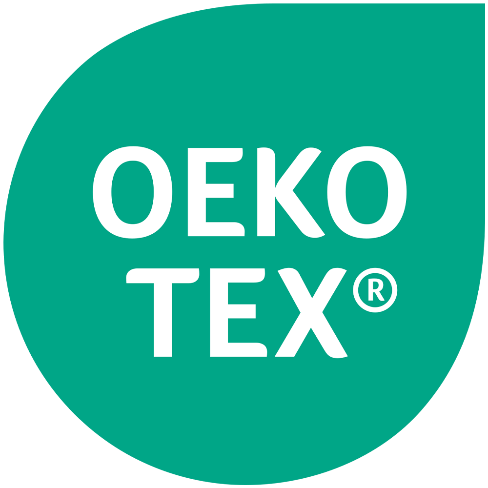 Das OEKO-TEX Label, ein nach rechts oben spitz zulaufender Kreis mit dem Namen des Siegels